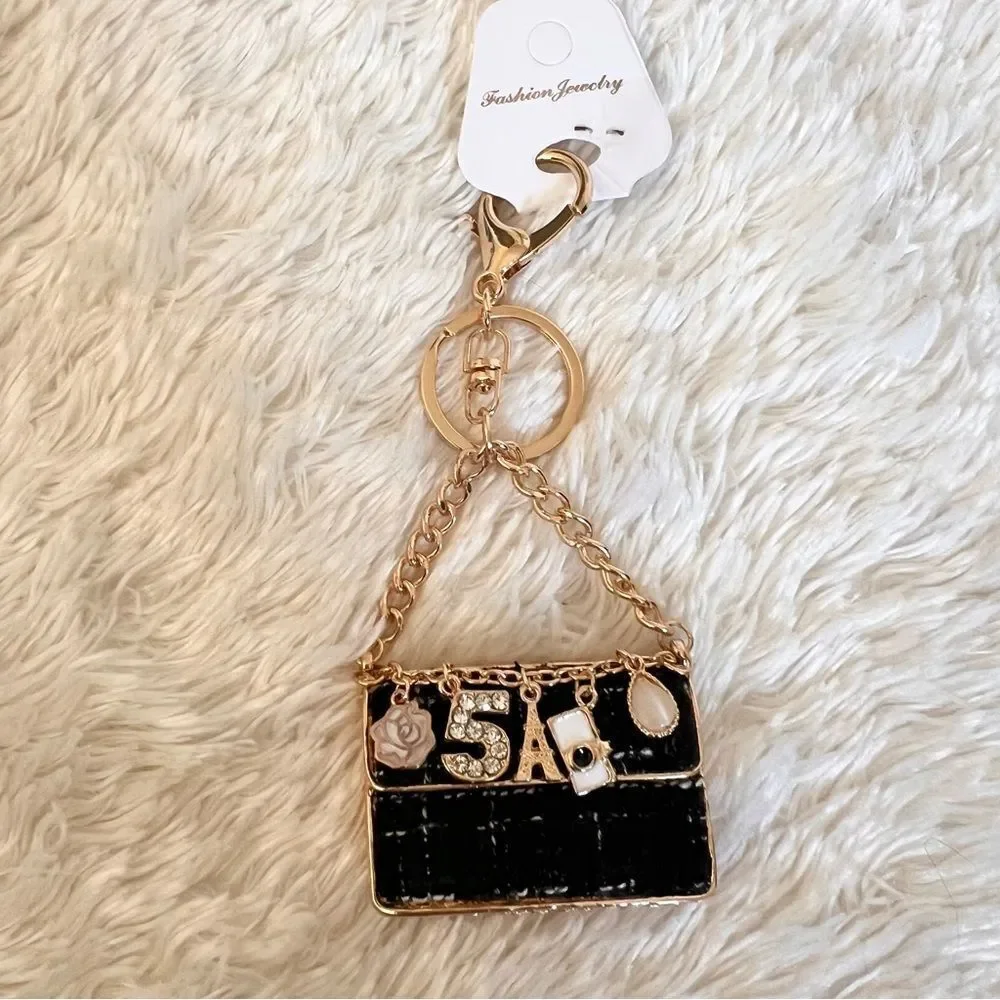 Elegant Black and Gold Plaid Bag Keychain Bag Charm NEW